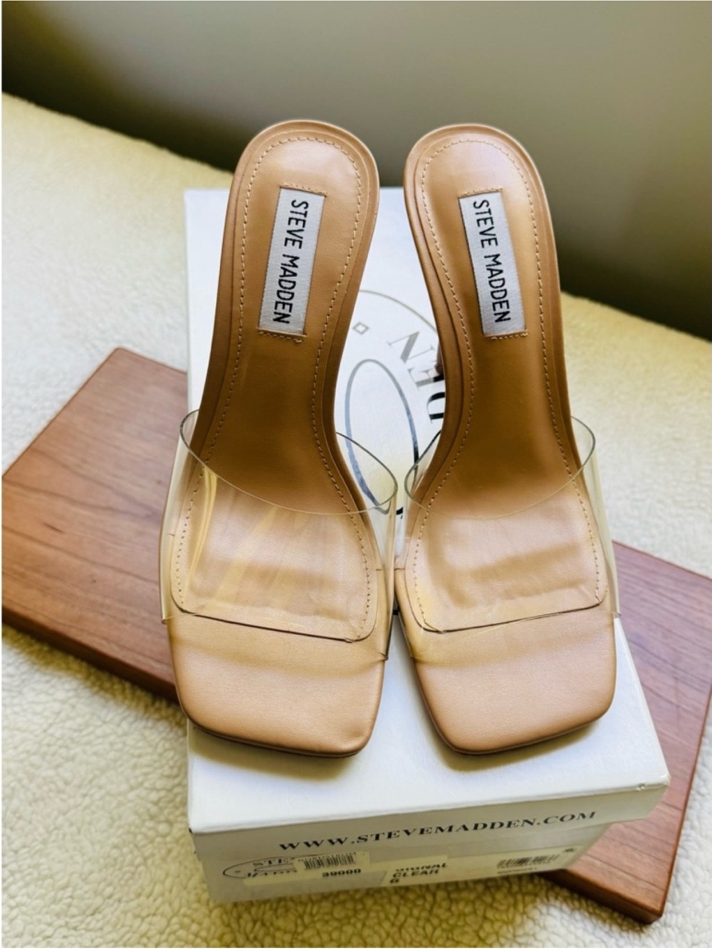 | steve madden • nude clear strap square toe mule stiletto heels • size 6 |